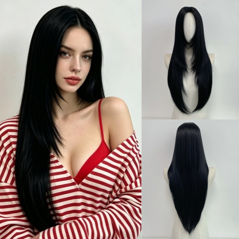 Wig Fiber Net - 国境を越えて人気を集めている、前髪を中央に分けたロングストレートのウィッグ。通気性の良いローズネットを使用し、つや消しシルク素材で、頭全体を覆うタイプ。