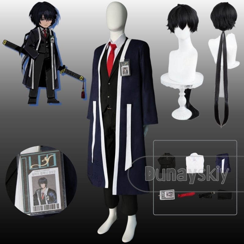 Prop Para Cosplay - 竹帽子キムコスプレウィッグ小道具衣装ロングトレンチコートゲームリムバスカンパニー制服キャラクターIDバッジカードアニメハロウィン