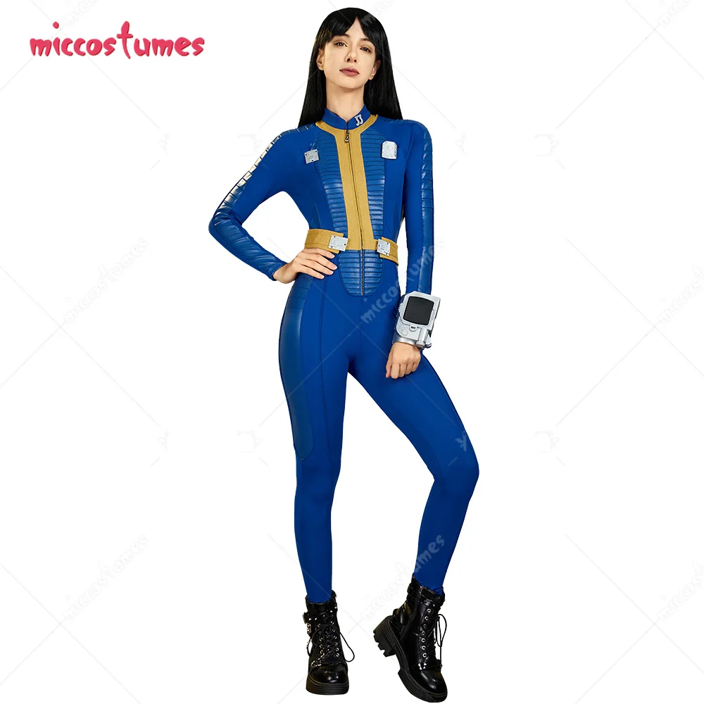 Fallout Cosplay Prop - Miccostumes-女性のコスプレジャンプスーツとブローチ付きベルト、ハロウィーンの衣装、33ボールトブルー