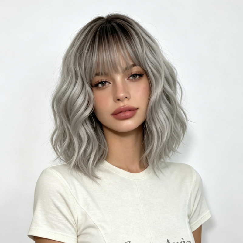 高級感のある銀灰色のショートウィッグ。前髪は自然な流れで、鎖 - Wig Fiber Net のレビューと価格