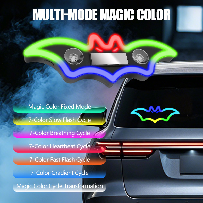 コウモリ柄の車用LEDカラフル三角窓ソーラー装飾ライト。配線 - Led El Wire のレビューと価格